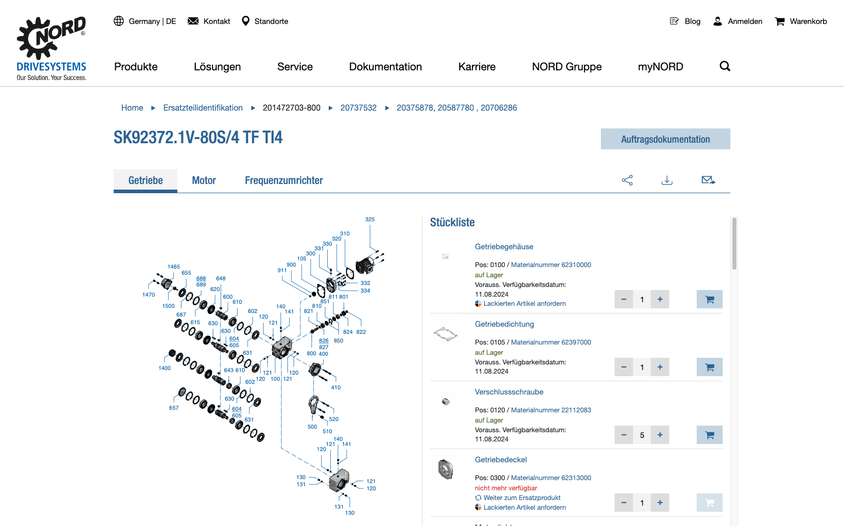 Screenshot der Explosionszeichnung und Stückliste