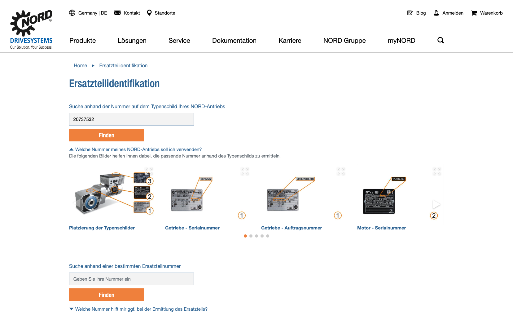 Screenshot der Ersatzteilidentifikation